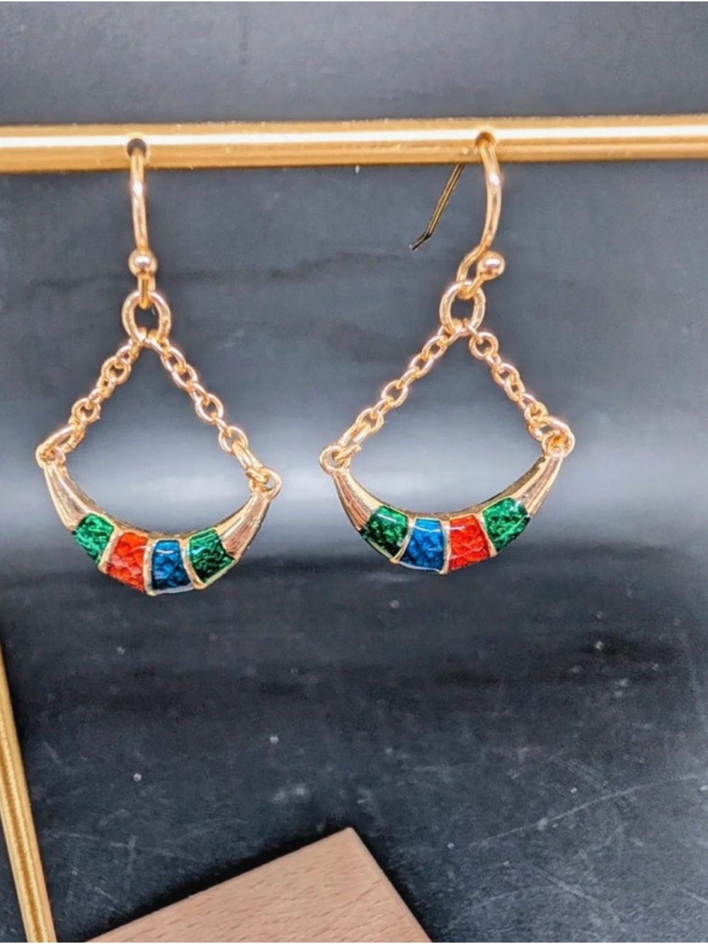 Gold-Tone Multi Stone Drop Earrings with Green, Blue & Red Accents